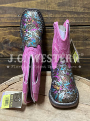 Roper 3857 Kids Glitter Rose Square Toe Western Boot Pink front and top view. If you need any assistance with this item or the purchase of this item please call us at five six one seven four eight eight eight zero one Monday through Saturday 10:00a.m EST to 8:00 p.m EST