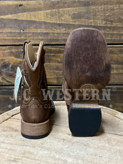 Roper 3859 Kids Draftmaster Square Toe Western Boot Brown sole and back view. If you need any assistance with this item or the purchase of this item please call us at five six one seven four eight eight eight zero one Monday through Saturday 10:00a.m EST to 8:00 p.m EST