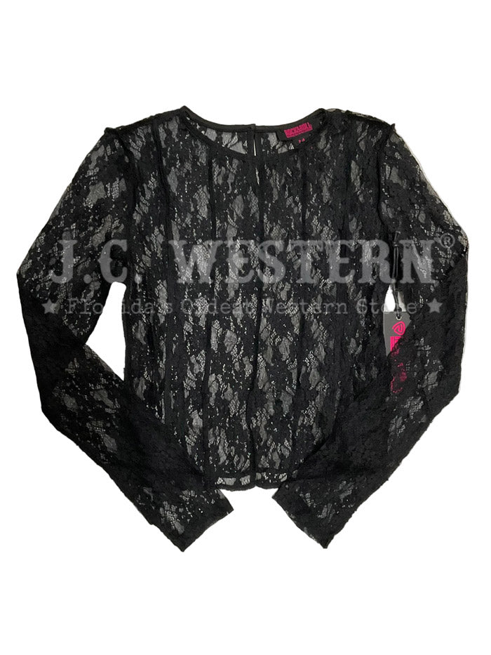 A woman wearing a black long-sleeve lace top with sheer sleeves, a black cowboy hat, and khaki pants, photographed against a plain white background. If you need any assistance with this item or the purchase of this item please call us at five six one seven four eight eight eight zero one Monday through Saturday 10:00a.m EST to 8:00 p.m EST