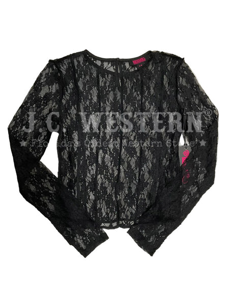A black lace long-sleeve blouse with a crew neck, laid flat on a white background. If you need any assistance with this item or the purchase of this item please call us at five six one seven four eight eight eight zero one Monday through Saturday 10:00a.m EST to 8:00 p.m EST