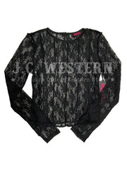 A black lace long-sleeve blouse with a crew neck, laid flat on a white background. If you need any assistance with this item or the purchase of this item please call us at five six one seven four eight eight eight zero one Monday through Saturday 10:00a.m EST to 8:00 p.m EST