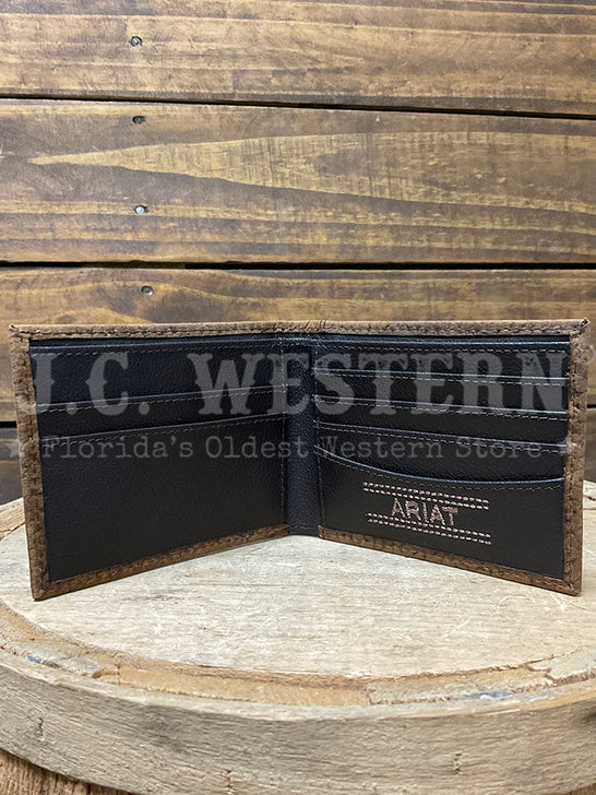 Ariat A3547602 Mens Bifold Shield Logo Wallet Brown inside view. If you need any assistance with this item or the purchase of this item please call us at five six one seven four eight eight eight zero one Monday through Saturday 10:00a.m EST to 8:00 p.m EST