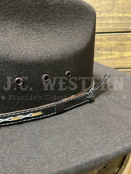 Stetson SWSQRE-794222 SQUARE Stallion Collection Wool Hat Dark Brown close up. If you need any assistance with this item or the purchase of this item please call us at five six one seven four eight eight eight zero one Monday through Saturday 10:00a.m EST to 8:00 p.m EST