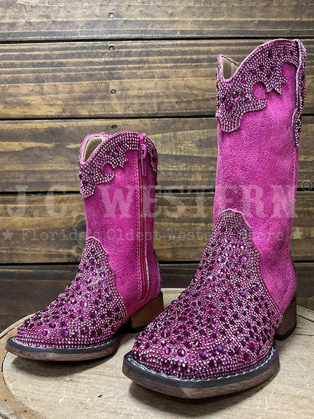 Roper 3776 Kids Starlit Square Toe Western Boot Pink side/ front view pair. If you need any assistance with this item or the purchase of this item please call us at five six one seven four eight eight eight zero one Monday through Saturday 10:00a.m EST to 8:00 p.m EST