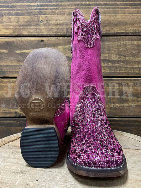 Roper 3776 Kids Starlit Square Toe Western Boot Pink sole and front view. If you need any assistance with this item or the purchase of this item please call us at five six one seven four eight eight eight zero one Monday through Saturday 10:00a.m EST to 8:00 p.m EST