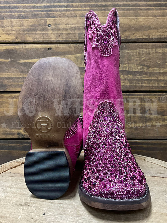 Roper 3776 Kids Starlit Square Toe Western Boot Pink sole and front view. If you need any assistance with this item or the purchase of this item please call us at five six one seven four eight eight eight zero one Monday through Saturday 10:00a.m EST to 8:00 p.m EST