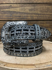 Nocona N320004601 Womens Studded Metallic Lizard Print Belt Black front view. If you need any assistance with this item or the purchase of this item please call us at five six one seven four eight eight eight zero one Monday through Saturday 10:00a.m EST to 8:00 p.m EST