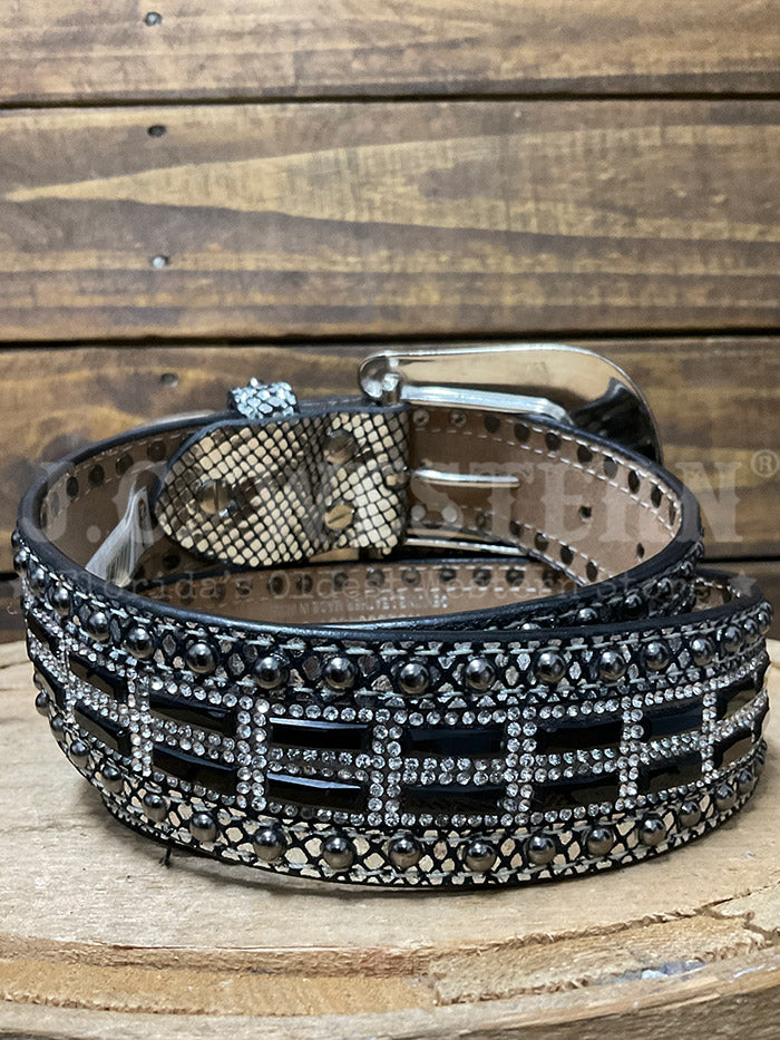 Nocona N320004601 Womens Studded Metallic Lizard Print Belt Black front view. If you need any assistance with this item or the purchase of this item please call us at five six one seven four eight eight eight zero one Monday through Saturday 10:00a.m EST to 8:00 p.m EST