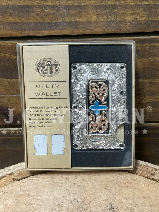 3D D250009036 Mens Cross Motif Utility Wallet Turquoise Silver in box. If you need any assistance with this item or the purchase of this item please call us at five six one seven four eight eight eight zero one Monday through Saturday 10:00a.m EST to 8:00 p.m EST
