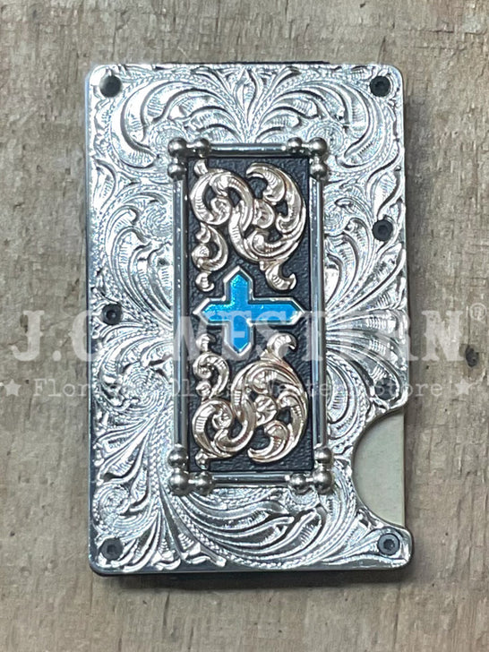 3D D250009036 Mens Cross Motif Utility Wallet Turquoise Silver front view. If you need any assistance with this item or the purchase of this item please call us at five six one seven four eight eight eight zero one Monday through Saturday 10:00a.m EST to 8:00 p.m EST
