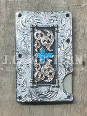 3D D250009036 Mens Cross Motif Utility Wallet Turquoise Silver front view. If you need any assistance with this item or the purchase of this item please call us at five six one seven four eight eight eight zero one Monday through Saturday 10:00a.m EST to 8:00 p.m EST