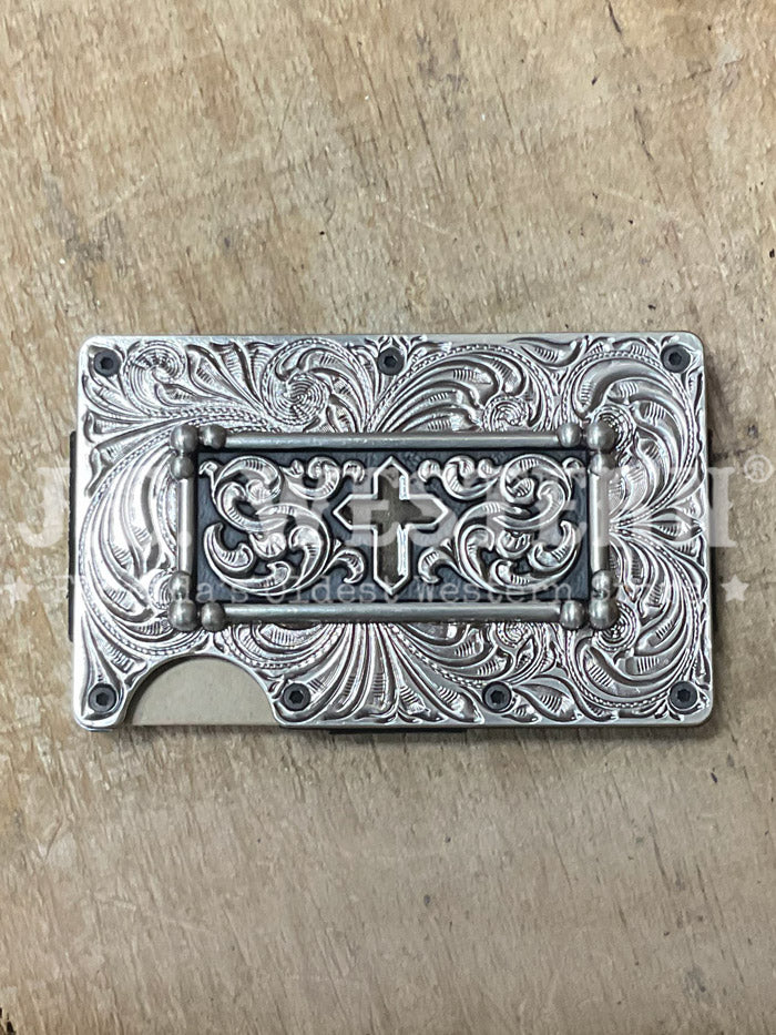 3D D250008965 Mens Cross Motif Utility Wallet Black Silver front view. If you need any assistance with this item or the purchase of this item please call us at five six one seven four eight eight eight zero one Monday through Saturday 10:00a.m EST to 8:00 p.m EST