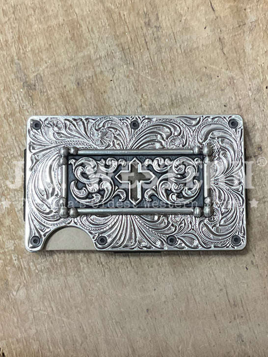3D D250008965 Mens Cross Motif Utility Wallet Black Silver front view. If you need any assistance with this item or the purchase of this item please call us at five six one seven four eight eight eight zero one Monday through Saturday 10:00a.m EST to 8:00 p.m EST