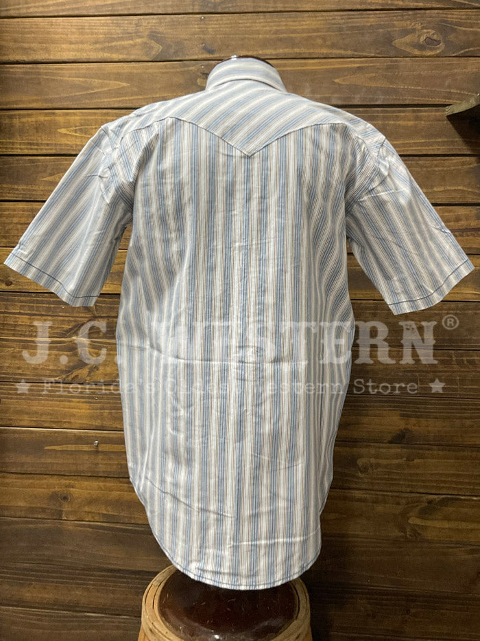 A short-sleeve button-up shirt with vertical blue, white, and gray stripes, displayed on a wooden mannequin torso against a rustic wooden plank wall. The shirt features two chest pockets and a small blue 'Western' brand label on the left chest. If you need any assistance with this item or the purchase of this item please call us at five six one seven four eight eight eight zero one Monday through Saturday 10:00a.m EST to 8:00 p.m EST