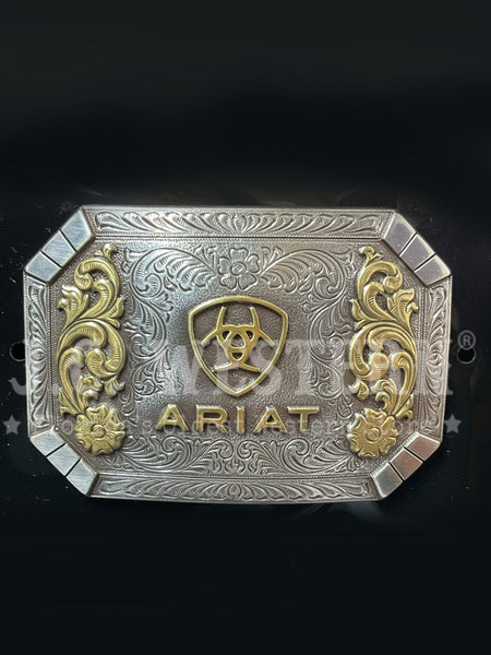 Ariat A37022 Mens Rectangular Floral Emblem Buckle Silver front view. If you need any assistance with this item or the purchase of this item please call us at five six one seven four eight eight eight zero one Monday through Saturday 10:00a.m EST to 8:00 p.m EST