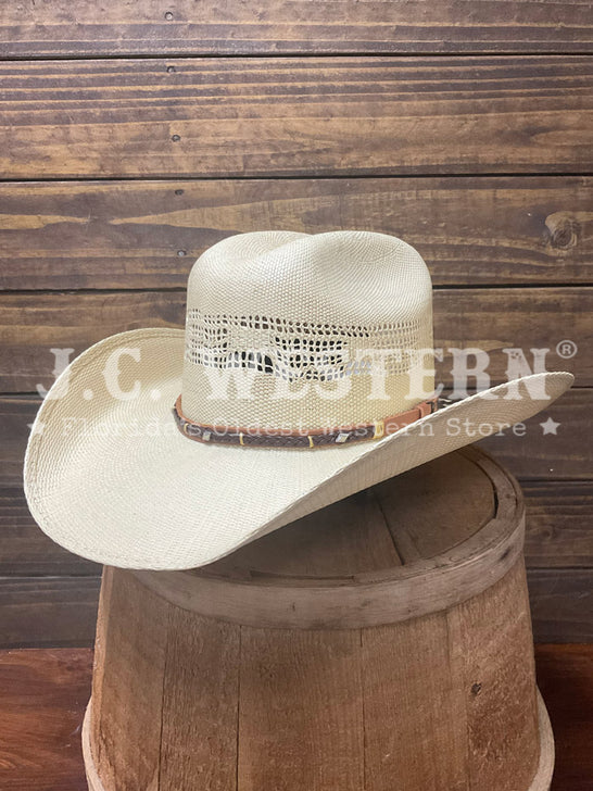 Stetson SSMLCK-514005 Mule Creek Stallion Collection Straw Hat Wheat side / front view. If you need any assistance with this item or the purchase of this item please call us at five six one seven four eight eight eight zero one Monday through Saturday 10:00a.m EST to 8:00 p.m EST