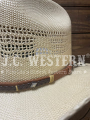 Stetson SSMLCK-514005 Mule Creek Stallion Collection Straw Hat Wheat close up. If you need any assistance with this item or the purchase of this item please call us at five six one seven four eight eight eight zero one Monday through Saturday 10:00a.m EST to 8:00 p.m EST