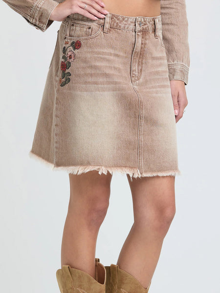 Grace In LA JKW-S913 Womens Floral Embroidered Denim Skirt Camel Tan front view. If you need any assistance with this item or the purchase of this item please call us at five six one seven four eight eight eight zero one Monday through Saturday 10:00a.m EST to 8:00 p.m EST