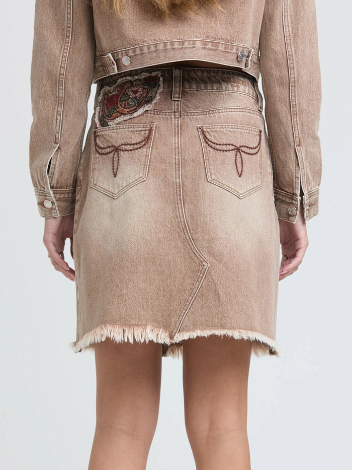 Grace In LA JKW-S913 Womens Floral Embroidered Denim Skirt Camel Tan front view. If you need any assistance with this item or the purchase of this item please call us at five six one seven four eight eight eight zero one Monday through Saturday 10:00a.m EST to 8:00 p.m EST