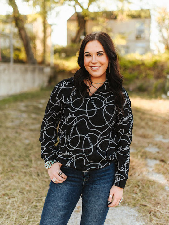 Lucky & Blessed JO473-BLK Womens Rodeo Rope Printed Quarter Zip Sweater Black front view. If you need any assistance with this item or the purchase of this item please call us at five six one seven four eight eight eight zero one Monday through Saturday 10:00a.m EST to 8:00 p.m EST