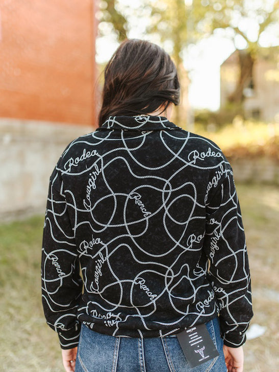 Lucky & Blessed JO473-BLK Womens Rodeo Rope Printed Quarter Zip Sweater Black back view. If you need any assistance with this item or the purchase of this item please call us at five six one seven four eight eight eight zero one Monday through Saturday 10:00a.m EST to 8:00 p.m EST