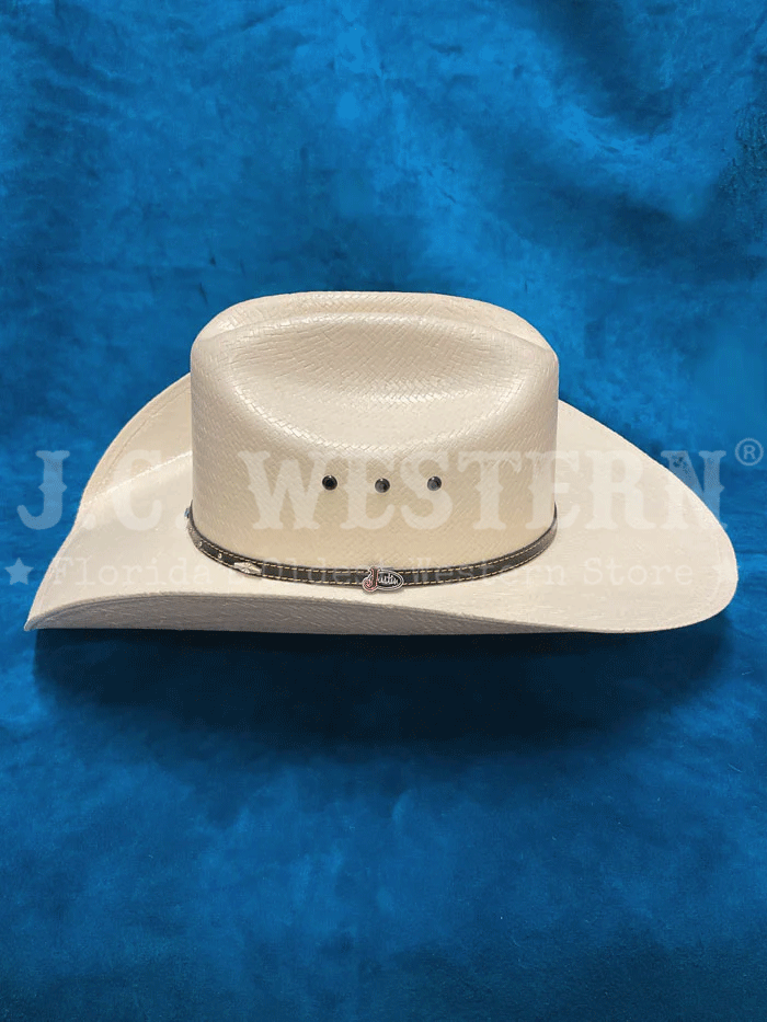 Justin JS1156BKHL4004 10X BLACK HILLS Straw Cowboy Hat Ivory side / front view. If you need any assistance with this item or the purchase of this item please call us at five six one seven four eight eight eight zero one Monday through Saturday 10:00a.m EST to 8:00 p.m EST