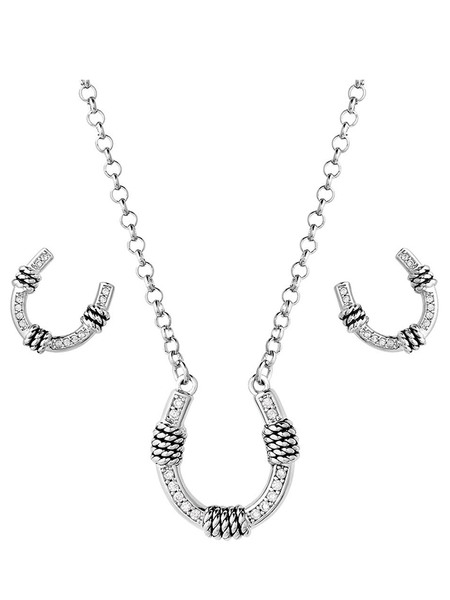Montana Silversmiths JS6038 Womens Roped Horseshoe Crystal Jewelry Set Silver front view. If you need any assistance with this item or the purchase of this item please call us at five six one seven four eight eight eight zero one Monday through Saturday 10:00a.m EST to 8:00 p.m EST