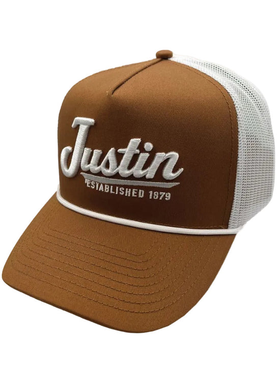 Justin JUS13692 Mesh Back Baseball Cap Tan side / front view. If you need any assistance with this item or the purchase of this item please call us at five six one seven four eight eight eight zero one Monday through Saturday 10:00a.m EST to 8:00 p.m EST