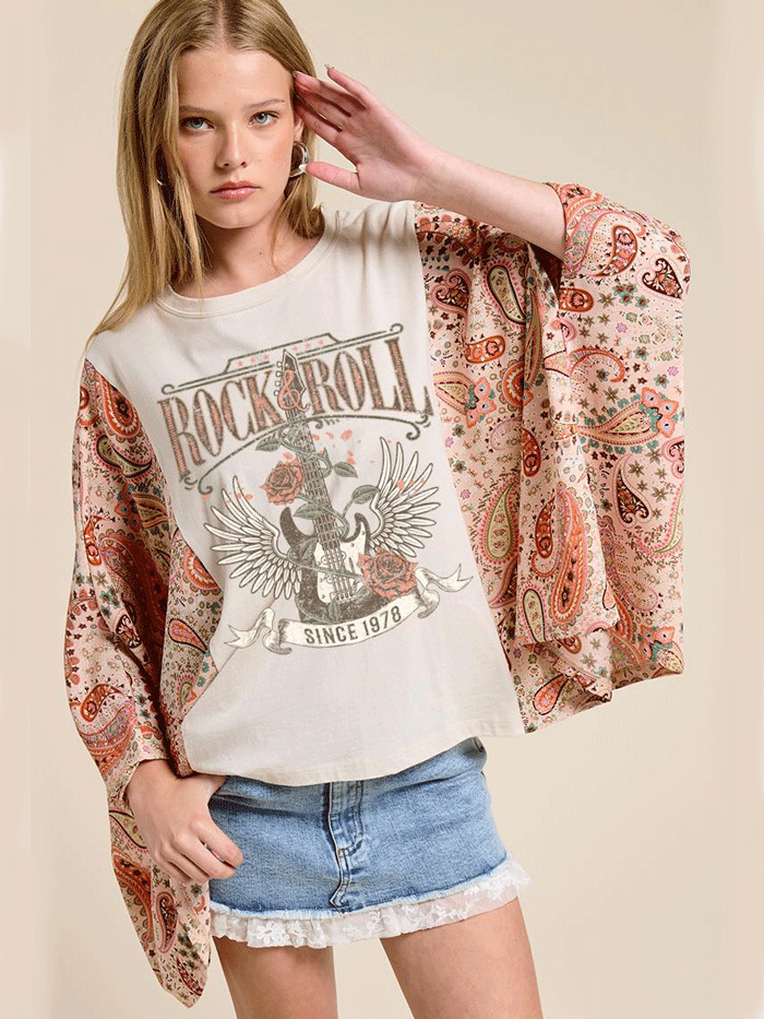 Zutter K2458-8802 Womens Rock N Roll Paisley Kaftan Long Sleeve Tee Natural front view. If you need any assistance with this item or the purchase of this item please call us at five six one seven four eight eight eight zero one Monday through Saturday 10:00a.m EST to 8:00 p.m EST
