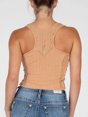 Miss Me MT2845T Womens Knotted Ribbed Tank With Button Details Orange back view. If you need any assistance with this item or the purchase of this item please call us at five six one seven four eight eight eight zero one Monday through Saturday 10:00a.m EST to 8:00 p.m EST