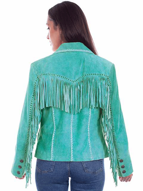 Scully L1080-123 Womens Suede Fringe Jacket Turquoise front view. If you need any assistance with this item or the purchase of this item please call us at five six one seven four eight eight eight zero one Monday through Saturday 10:00a.m EST to 8:00 p.m EST