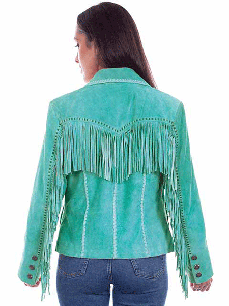 Scully L1080-123 Womens Suede Fringe Jacket Turquoise back view. If you need any assistance with this item or the purchase of this item please call us at five six one seven four eight eight eight zero one Monday through Saturday 10:00a.m EST to 8:00 p.m EST