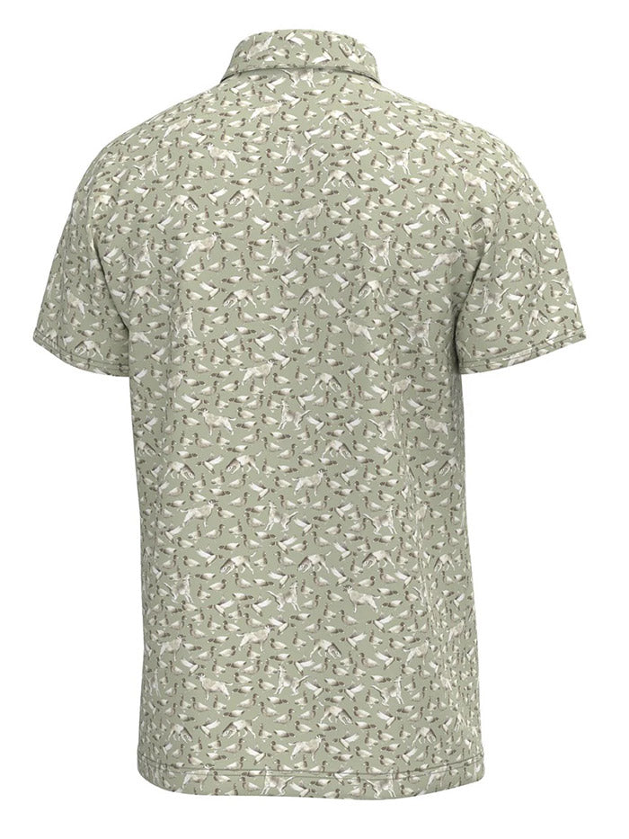 Local Boy Outfitters L1200064-GDD Mens Dirty Myrtle Polo Tee Green Duck Dog front view. If you need any assistance with this item or the purchase of this item please call us at five six one seven four eight eight eight zero one Monday through Saturday 10:00a.m EST to 8:00 p.m EST