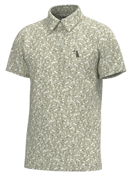 Local Boy Outfitters L1200064-GDD Mens Dirty Myrtle Polo Tee Green Duck Dog front view. If you need any assistance with this item or the purchase of this item please call us at five six one seven four eight eight eight zero one Monday through Saturday 10:00a.m EST to 8:00 p.m EST