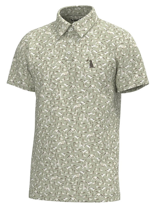Local Boy Outfitters L1200064-GDD Mens Dirty Myrtle Polo Tee Green Duck Dog front view. If you need any assistance with this item or the purchase of this item please call us at five six one seven four eight eight eight zero one Monday through Saturday 10:00a.m EST to 8:00 p.m EST