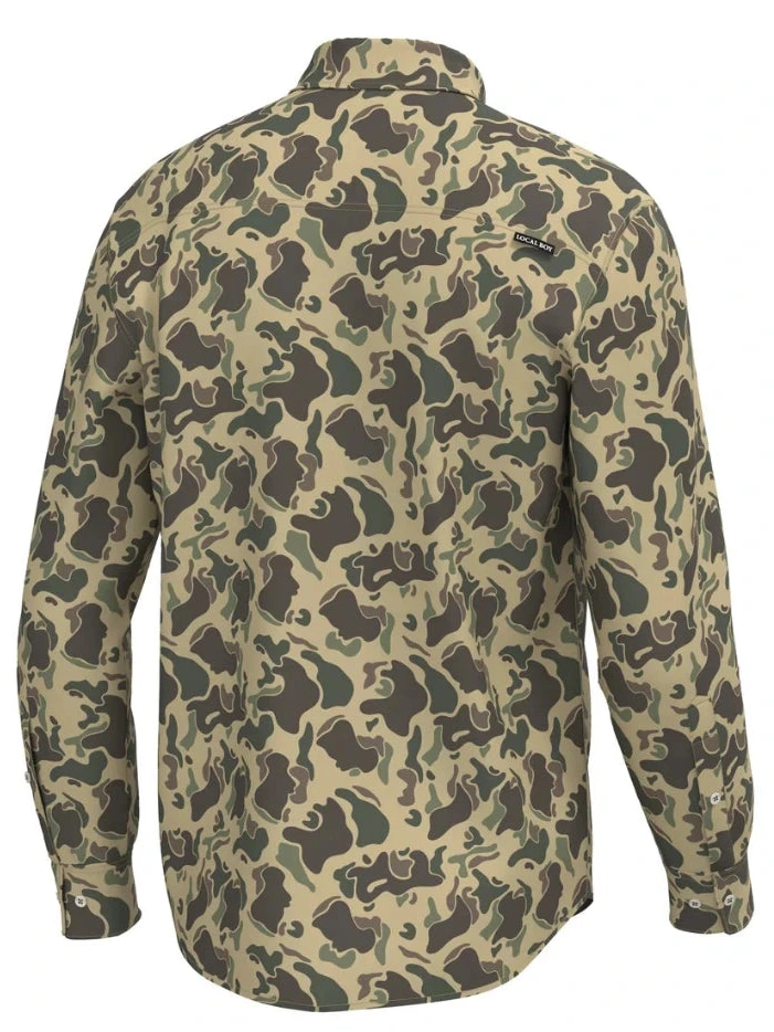 Local Boy Outfitters L1500032-RTC Mens Camo Button Up Retro Camo front view. If you need any assistance with this item or the purchase of this item please call us at five six one seven four eight eight eight zero one Monday through Saturday 10:00a.m EST to 8:00 p.m EST