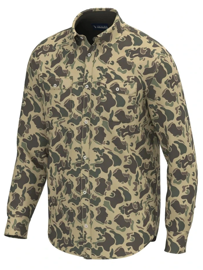Local Boy Outfitters L1500032-RTC Mens Camo Button Up Retro Camo front view. If you need any assistance with this item or the purchase of this item please call us at five six one seven four eight eight eight zero one Monday through Saturday 10:00a.m EST to 8:00 p.m EST
