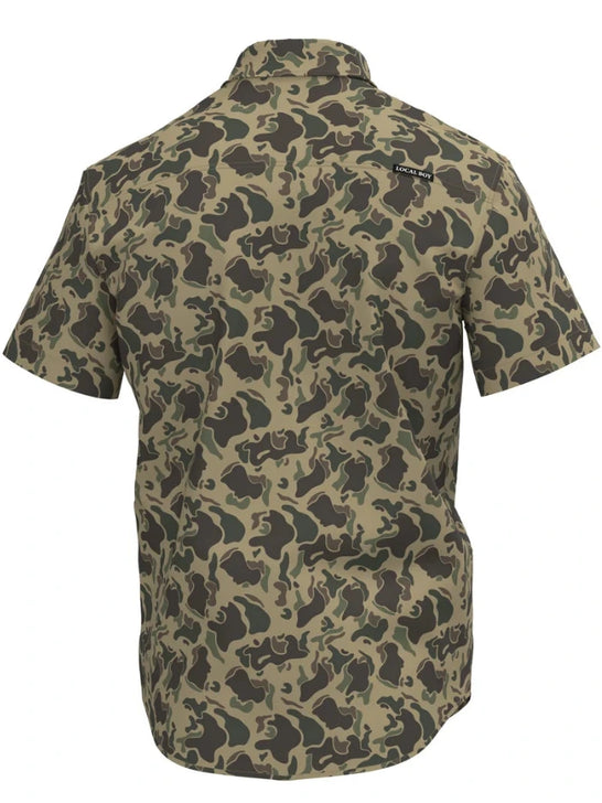 Local Boy Outfitters L1500050-RTC Lowcountry Button Down Shirt Retro Camo back view. If you need any assistance with this item or the purchase of this item please call us at five six one seven four eight eight eight zero one Monday through Saturday 10:00a.m EST to 8:00 p.m EST