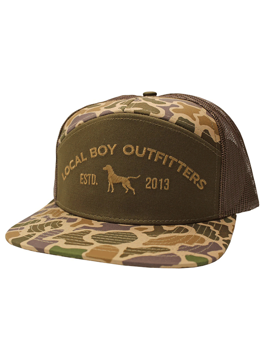 Local Boy Outfitters L3000408-OSCB Steady Gaze 7 Panel Hat Oldschool Camo Brown front view. If you need any assistance with this item or the purchase of this item please call us at five six one seven four eight eight eight zero one Monday through Saturday 10:00a.m EST to 8:00 p.m EST