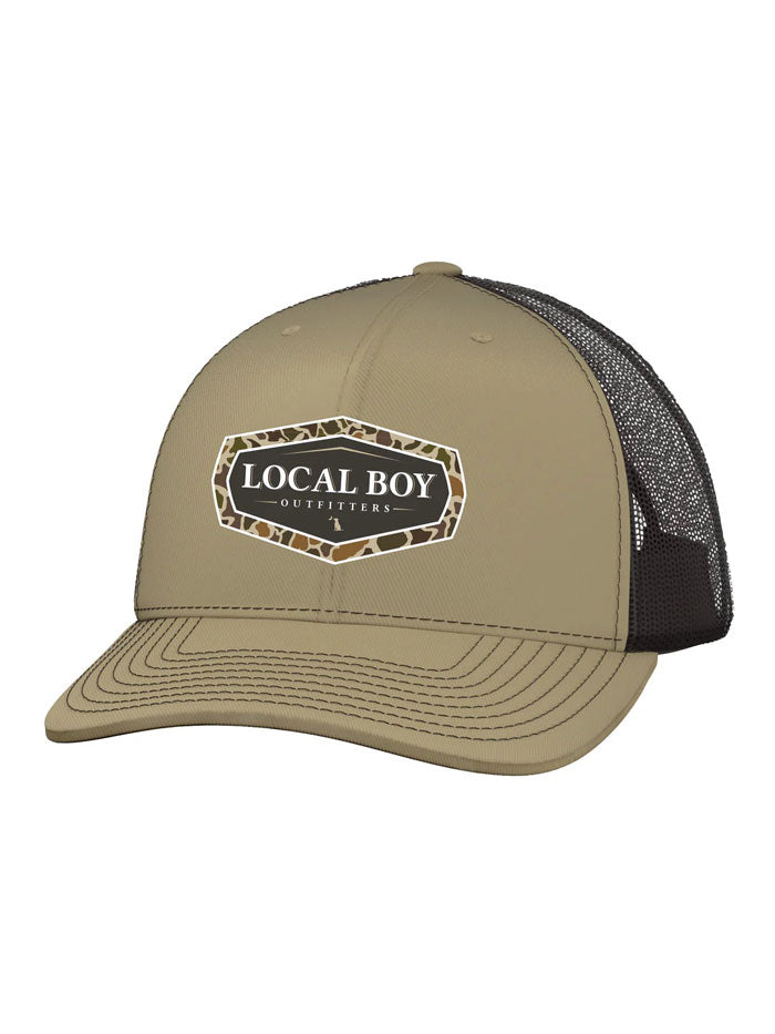 Local Boy Outfitters L3000421-KHC Mens Vintage Emblem Trucker Hat Khaki front view. If you need any assistance with this item or the purchase of this item please call us at five six one seven four eight eight eight zero one Monday through Saturday 10:00a.m EST to 8:00 p.m EST