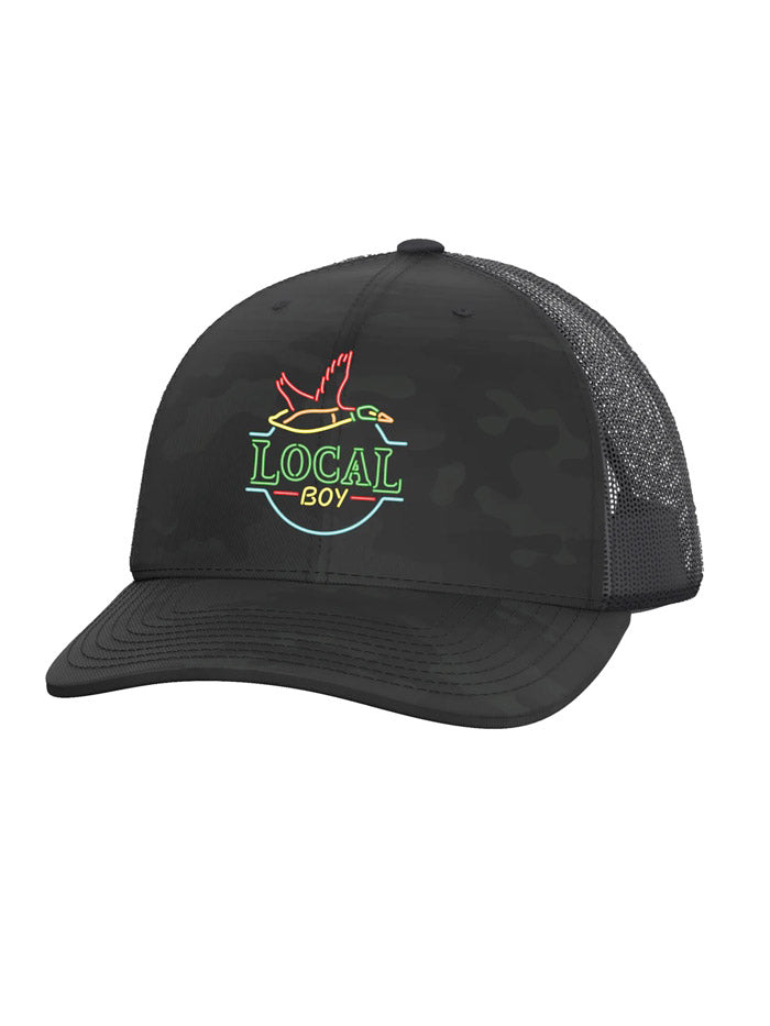 Local Boy Outfitters L3000439-MLC Mens Neon Duck Latte Trucker Hat Multicamo Black front view. If you need any assistance with this item or the purchase of this item please call us at five six one seven four eight eight eight zero one Monday through Saturday 10:00a.m EST to 8:00 p.m EST