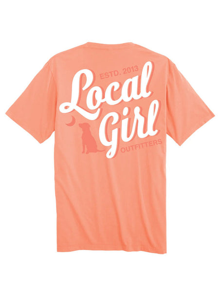 Local Girl Outfitters L5100067-NCT Womens LG Stacked Script SS Tee Neon Cantaloupe back view. If you need any assistance with this item or the purchase of this item please call us at five six one seven four eight eight eight zero one Monday through Saturday 10:00a.m EST to 8:00 p.m EST