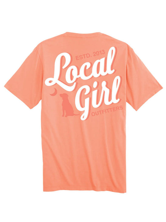 Local Girl Outfitters L5100067-NCT Womens LG Stacked Script SS Tee Neon Cantaloupe back view. If you need any assistance with this item or the purchase of this item please call us at five six one seven four eight eight eight zero one Monday through Saturday 10:00a.m EST to 8:00 p.m EST