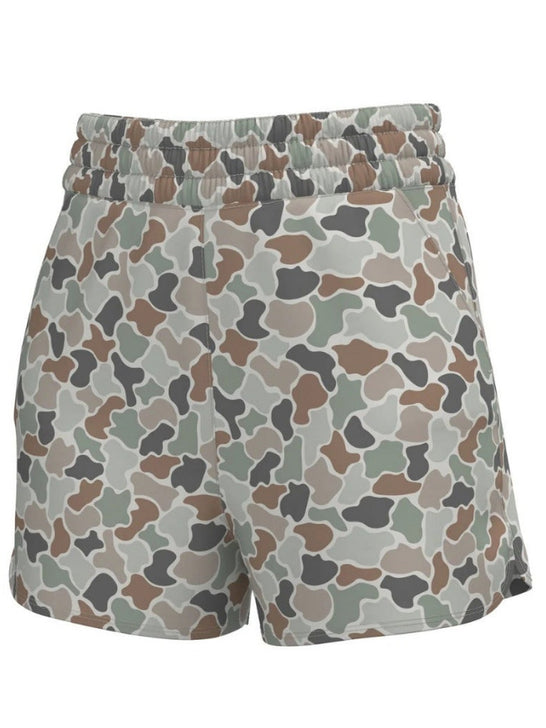 Local Girl Outfitters L5160000-FCF Womens LG High-Waisted Volley Shorts Forest Camo Flora front view. If you need any assistance with this item or the purchase of this item please call us at five six one seven four eight eight eight zero one Monday through Saturday 10:00a.m EST to 8:00 p.m EST