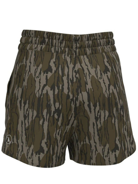 Local Girl Outfitters L5160000-OBLD Womens LG High-Waisted Volley Shorts Mossy Oak Bottomland back view. If you need any assistance with this item or the purchase of this item please call us at five six one seven four eight eight eight zero one Monday through Saturday 10:00a.m EST to 8:00 p.m EST