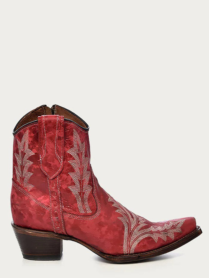 Circle G L5704 Ladies Embroidery And Zipper Snip Toe Ankle Boot Red front and side view. If you need any assistance with this item or the purchase of this item please call us at five six one seven four eight eight eight zero one Monday through Saturday 10:00a.m EST to 8:00 p.m EST
