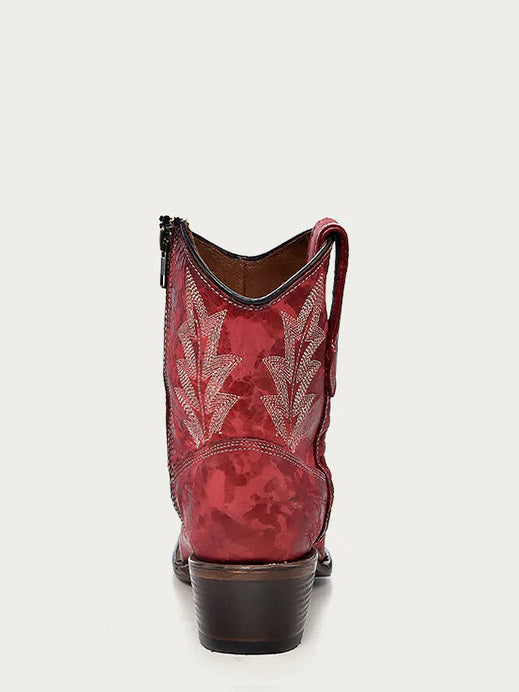 Circle G L5704 Ladies Embroidery And Zipper Snip Toe Ankle Boot Red front and side view. If you need any assistance with this item or the purchase of this item please call us at five six one seven four eight eight eight zero one Monday through Saturday 10:00a.m EST to 8:00 p.m EST
