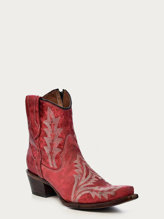Circle G L5704 Ladies Embroidery And Zipper Snip Toe Ankle Boot Red front and side view. If you need any assistance with this item or the purchase of this item please call us at five six one seven four eight eight eight zero one Monday through Saturday 10:00a.m EST to 8:00 p.m EST
