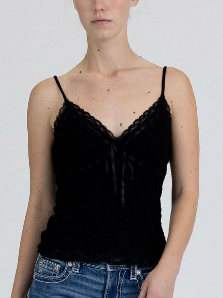 Miss Me BMT0194T-BK Womens Lace Cami Top With Ribbon Tie Black front view. If you need any assistance with this item or the purchase of this item please call us at five six one seven four eight eight eight zero one Monday through Saturday 10:00a.m EST to 8:00 p.m EST