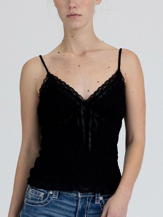 Miss Me BMT0194T-BK Womens Lace Cami Top With Ribbon Tie Black front view. If you need any assistance with this item or the purchase of this item please call us at five six one seven four eight eight eight zero one Monday through Saturday 10:00a.m EST to 8:00 p.m EST